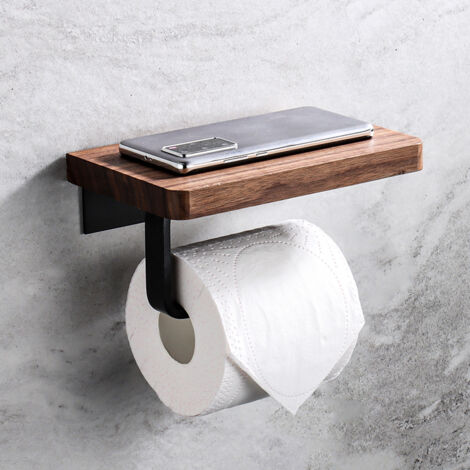 Portarrollos de papel higiénico vintage de madera con estantes, acabado nogal y varilla de metal negra. Organizador de pared para baño, ideal para rollos de papel higiénico, toallas y teléfonos móvile