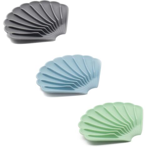 Portasapone a forma di conchiglia, 3 pezzi, con base in silicone autodrenante - blu + verde + grigio