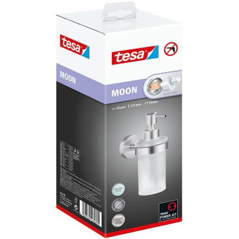 Portasapone da parete tesa MOON, look acciaio inox, autoadesivo, tecnologia di montaggio adesiva, 109 mm x 70 mm x 156 mm