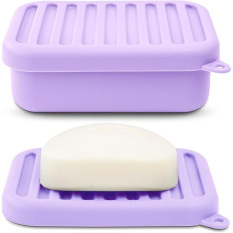 Portasapone da viaggio in silicone impermeabile con coperchio/scomparto di drenaggio, compatto e resistente - viola chiaro
