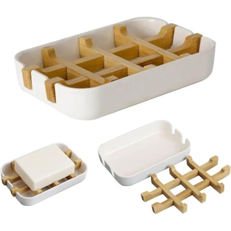 Portasapone in bambù ecologico con sistema di drenaggio - Portasapone naturale adatto a docce, bagni e cucine (Colore: Bianco)