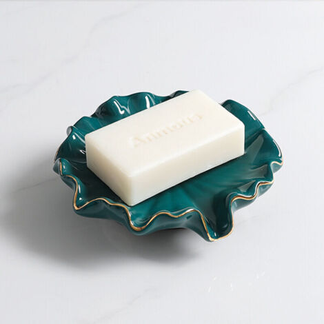 Portasapone in ceramica, portasapone con scarico, portasapone a forma di foglia di loto per il bagno (verde)