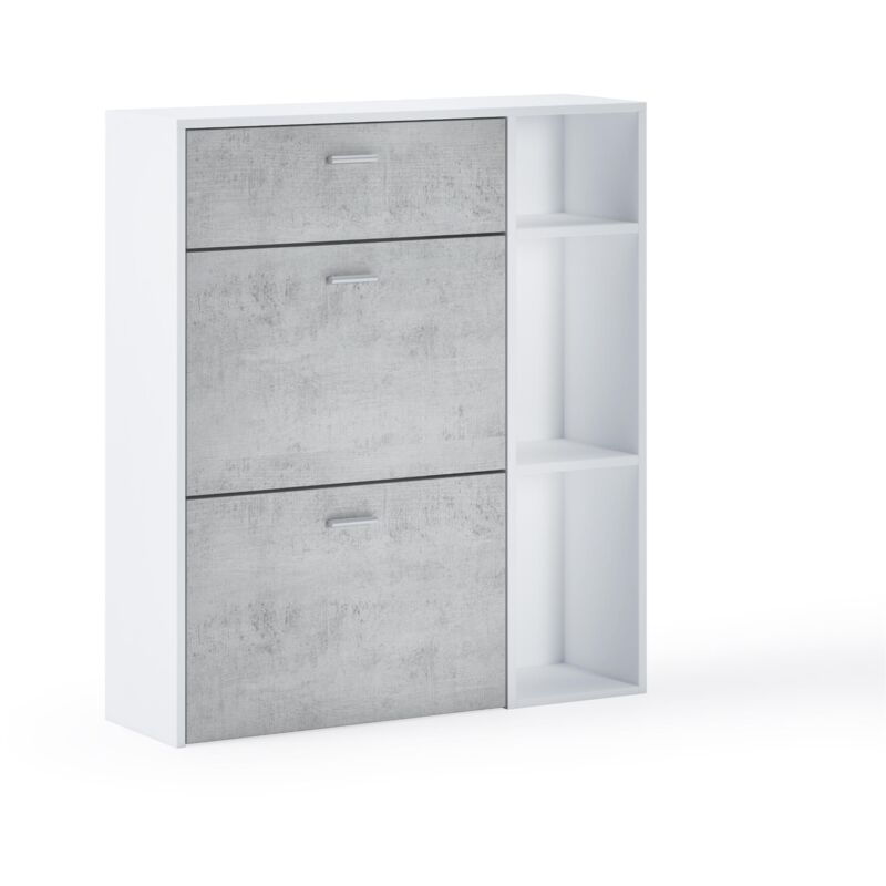 Portascarpe wind, struttura colore bianco opaco, colore cemento sulle 2 porte basculanti e sul cassetto, misura 90x26x101,5cm di altezza.