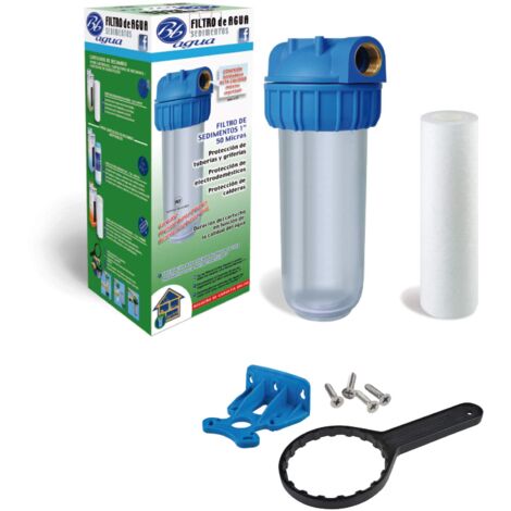 Portascartucho per filtri sedimenti da 1" (50 micron). Include filtro, porta filtro, supporto a parete e chiave. Acqua senza particelle in sospensione. Bbagua.