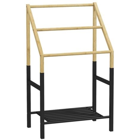 PORTASCIUGAMANI A TERRA CON 3 BARRE E RIPIANO INFERIORE. IN BAMB¨ E ACCIAIO. 51X31X85.5 CM. NERO E COLOR LEGNO