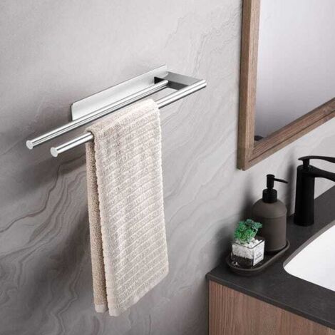 Portasciugamani autoadesivo in acciaio inox, non necessita di foratura, argento opaco, portasciugamani a parete a due bracci per il bagno