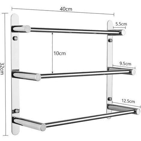 Portasciugamani da parete, in acciaio inox 304, con supporto a mensola/parete, a 3 barre, per bagno e cucina (cromato, 40 cm)
