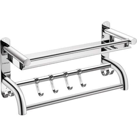 Portasciugamani in acciaio inox SUS304, mensola da bagno in acciaio inox spazzolato, portasciugamani pieghevole con ganci, mensola portaoggetti, stile hotel (40 x 19 x 15 cm)