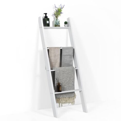 Portasciugamani inclinato a 4 ripiani, mensola da bagno in legno di pino, 50 x 7,5 x 136,5 cm, bianco