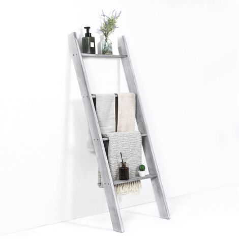 Portasciugamani inclinato a 4 ripiani, mensola da bagno in legno di pino, 50 x 7,5 x 136,5 cm, grigio