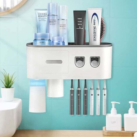 Portaspazzolino da parete con 2 dispenser automatici per spazzolini da denti per bagno e WC, 6 portaspazzolini, bicchieri magnetici (grigio, 2 bicchieri)