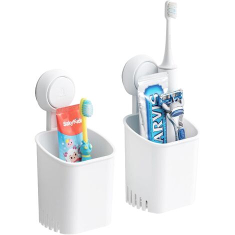 Portaspazzolino da parete, confezione da 2, carico massimo 5 kg, organizer per rasoio da doccia, portaspazzolino a ventosa per bagno, senza foratura, organizer per dentifricio rimovibile, plastica bia