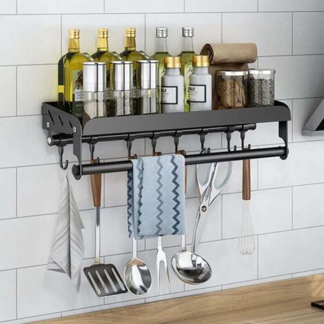 Portaspezie con portarotolo da cucina, ripiano da cucina in acciaio inox, ripiano per frigorifero, ripiano portaoggetti con 8 ganci e ripiano a parete, senza fori per la cucina