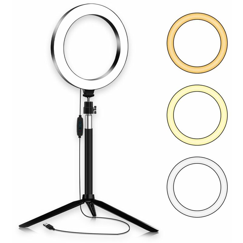 

Portatil de 20 cm / 8 pulgadas Diammable 3200K-5500K Anillo de luz de video bicolor 3 uds Modos de iluminacion con tripode de mesa Selfie Stick para