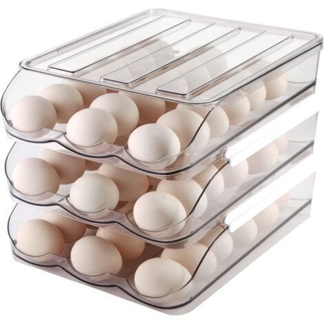 Portauova per frigorifero, contenitore per uova con rotazione automatica per frigorifero, organizer per uova per frigorifero con coperchio, dispenser in plastica trasparente, vassoio e scatola - 3 str