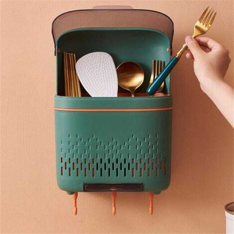 Portautensili da parete senza foratura, 19×8,5×30 cm, verde, con scarico – Pratico supporto per posate, forchette e cucchiai