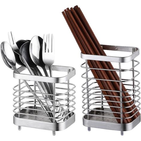Portautensili in acciaio inossidabile, scolapiatti da 2 pezzi per posate, pentole e utensili da cucina, portautensili per riporre e organizzare gli accessori (argento)