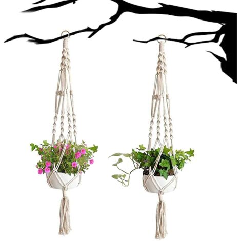 Portavasi in macramè da 2 pezzi, cesto portafiori in macramè con corda di cotone, portafiori con ramo sospeso, fioriera per arredamento casa, ufficio, giardinaggio, 4 gambe