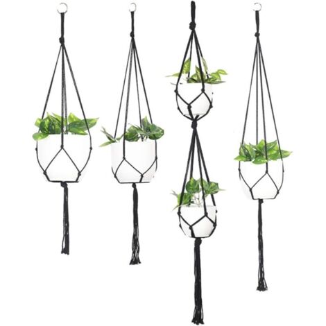 Portavaso sospeso in macramè, set da 4 pezzi, decorazione per balcone, nero (vaso non incluso)