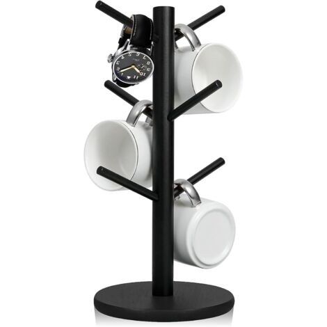 Portavasos de madera con base gruesa, soporte para tazas con 6 ganchos, soporte multifuncional para tazas, té y joyas (negro)