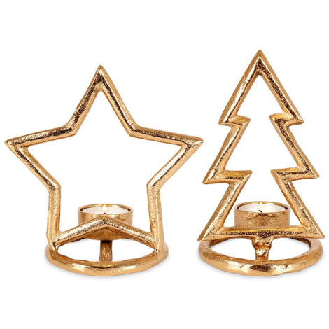 Portavelas de aluminio dorado con forma de árbol de Navidad, de 16 cm y 15,5 cm, juego de 2.