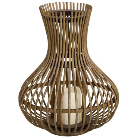 Portavelas de bambú con vela de led  marrón, D29x35h cm