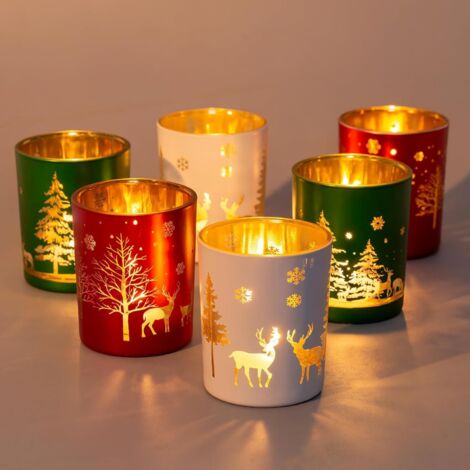 Portavelas de cristal para decoración navideña de mesa: Juego de 6 portavelas navideños Romadedi, decoración navideña de mesa, portavelas de cristal para el hogar y la ventana, recipiente para velas p