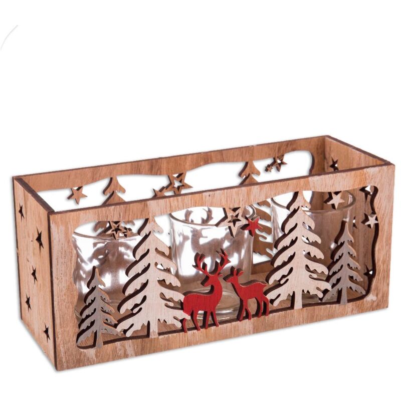 

Portavelas de Navidad tallado con caja de madera y cristal marrón de 23x10x8 cm