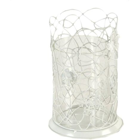 Portavelas grande de metal blanco con mariposas cm13x13h20