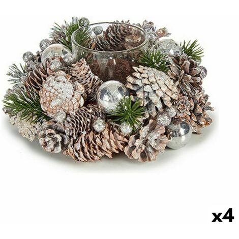 Portavelas Navideño Blanco Transparente Plateado Vidrio Plástico 19 x 9 x 19 cm (4 Unidades)