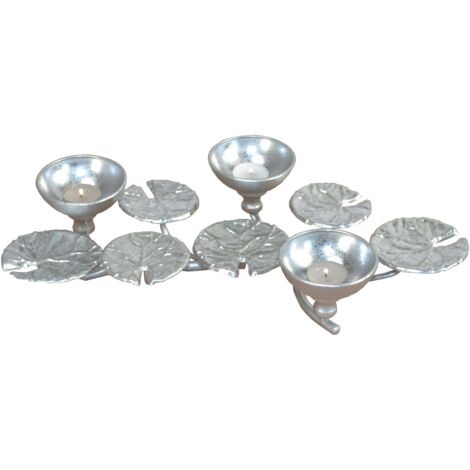 Portavelas romántico de metal – 3 portavelas decorados con hojas plateadas Velas no incluidas DEC050041