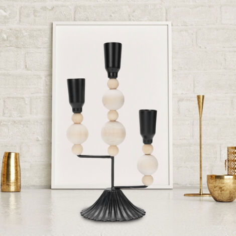 Portavelas rústico vintage – Portavelas negro de 3 brazos para decoración de mesa y repisa – Adorno elegante y antiguo hecho de hierro y madera