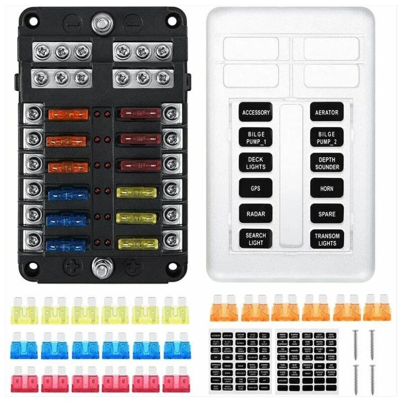 Fitags - Porte à Fusible à Lame de 12 Voies, Boîte à Fusibles avec 24 Fusibles 12 Voyants led Couvercle de Protection pour Voiture Bateau Camping-car