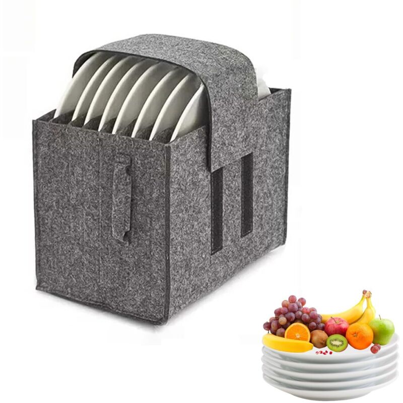 Porte Assiette Feutre, 8 Compartiments Boite Rangement Assiette, Antidérapant et Silencieux Rangement de Vaisselle de Camping, Gris, avec Poignées,