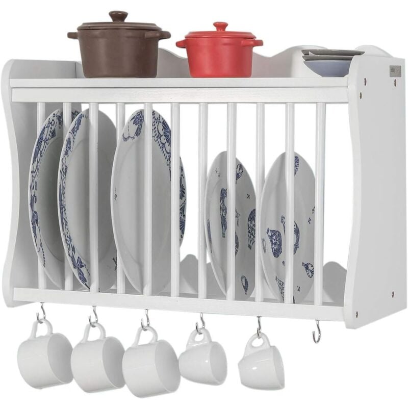 Porte-assiettes murale Meuble de rangement d'assiettes mural - Avec étagère supérieure et 6 crochets inférieurs – Blanc FRG275-W Sobuy