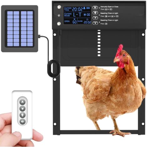 Porte automatique de poulailler à énergie solaire, porte avec minuterie et capteur lumière, en aluminium télécommande, 4 modes, écran LCD, anti-pincement, -