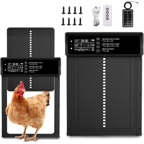 Porte automatique de poulailler, porte automatique de poulailler solaire avec temps/température/lumière/télécommande, IP45, porte automatique de poulailler avec protection intelligente anti-pincement