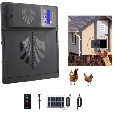 Porte automatique de poulailler solaire 3 en 1 – Détecteur de lumière – Minuterie – Étanche IP45 – Alimentation USB et solaire – 34.5 x 29 cm
