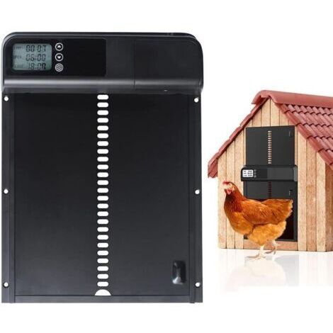 Porte Automatique Poulailler avec Écran LCD, Porte Poulailler en Alliage d'aluminium, Alimenté par Batterie, Commande de Minuterie et Manuel, Fonction Anti-pincement, Noir
