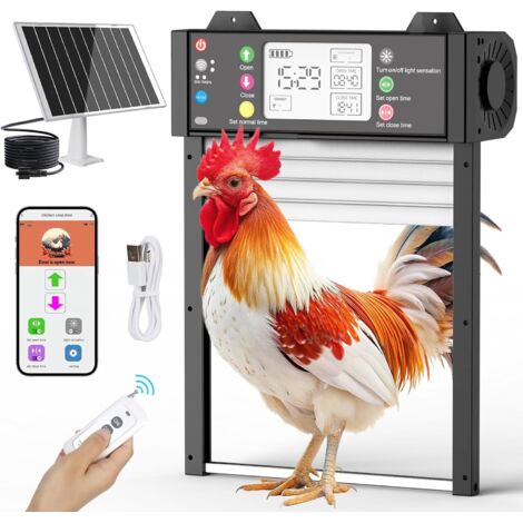 Porte Automatique Poulailler Solaire, TUYA App Montre l'état en Temps réel, reconnection WiFi, avec écran LCD, 4000mAh Alimentation par Batterie, Capteur de Lumière et Minuteur, télécommande Noir XL