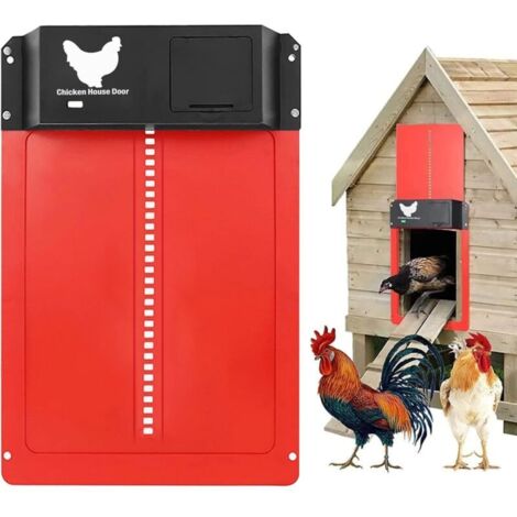 Porte automatique pour poulailler - Électrique avec porte coulissante et rails de guidage - Ouvre-poulailler automatique pour un élevage en toute sécurité - Rouge