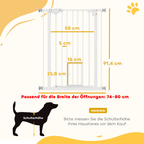 Porte avec chatière intégrée, installation sans perçage, largeur variable 74-80 cm, ouverture à une main, métal, blanc
