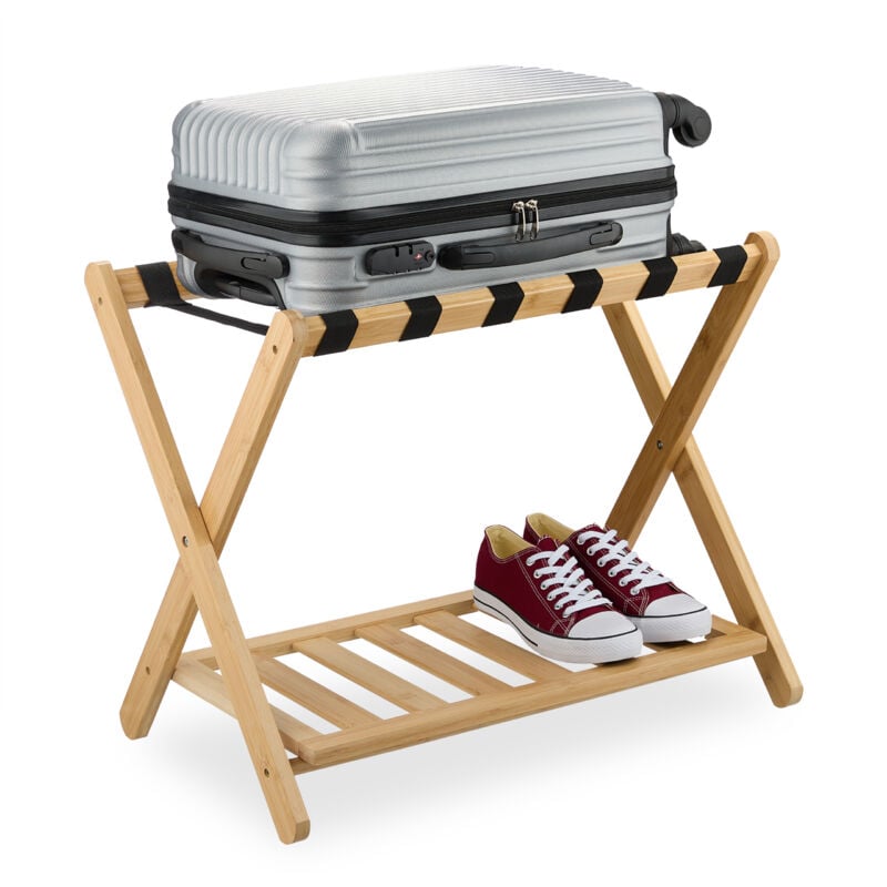 Support à valises, pliant, bambou, HxLxP: 56x68,5x41,5 cm, porte-bagage avec étagère, pour sac, hôtel, nature - Relaxdays