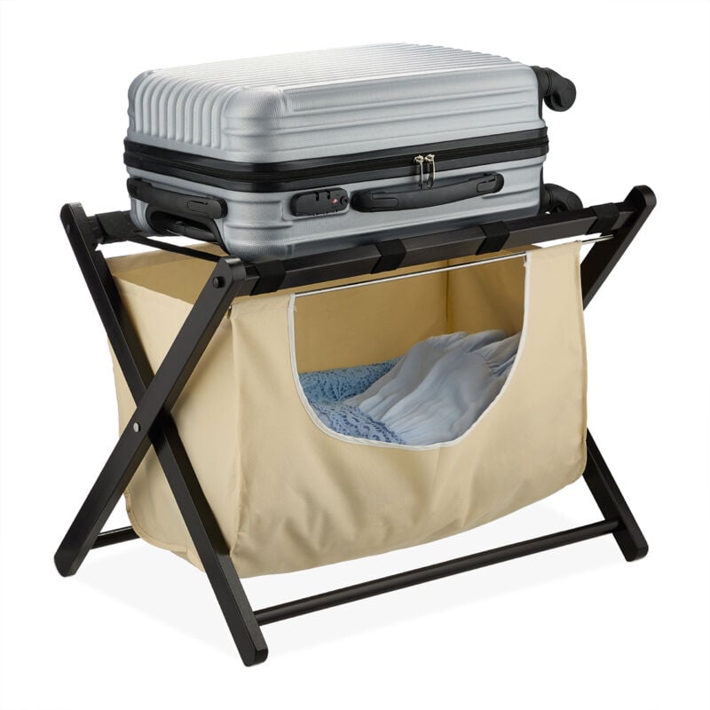Porte-bagage, pliable, bois, HxLxP: 52x68x47 cm, repose-valise & panière à linge, pour hôtel, noir - beige - Relaxdays