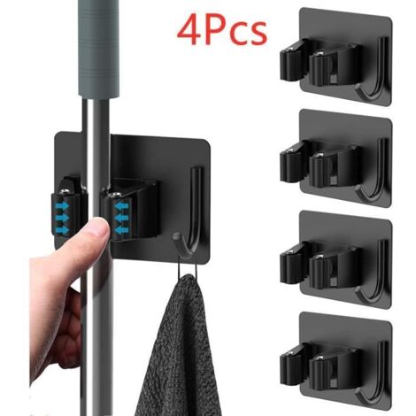 Porte Balai, Auto Adhésif Accroche Balai Mural Sans Perçage, Mop Support Avec Crochets Pour Cuisine Salle De Bain Jardin - Noir