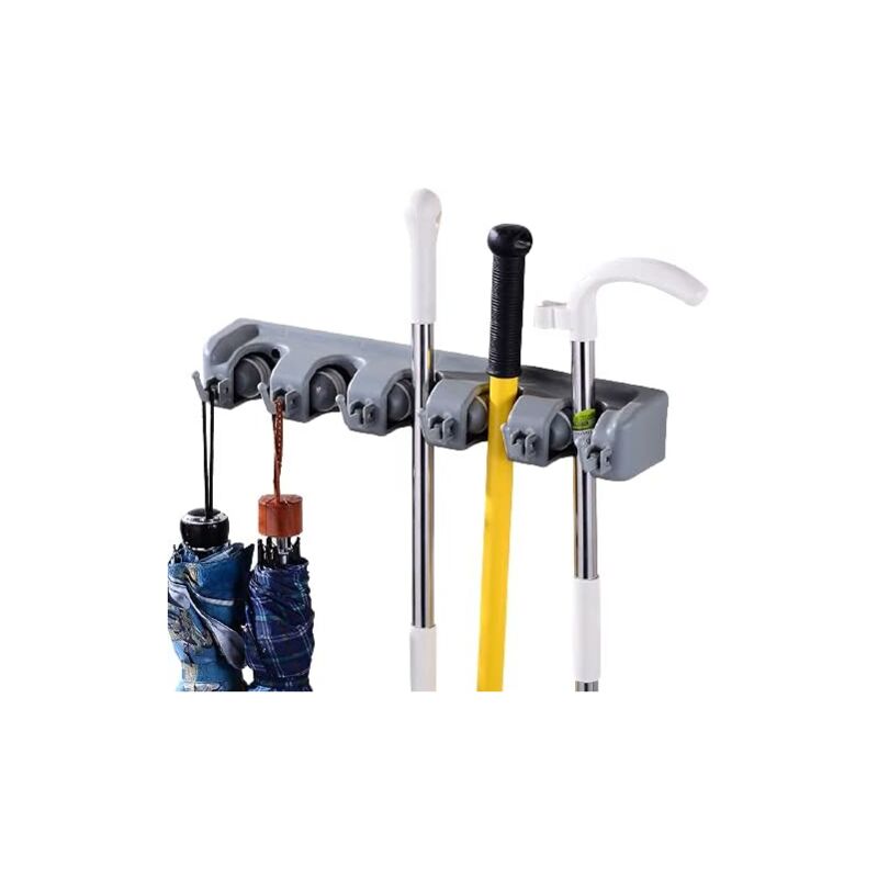Treetalk - Porte-balai avec 6 crochets et 5 clips rapides Barre de rangement murale pour cuisine salle de bain multifonctionnel Gris