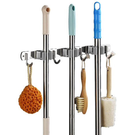 Porte-balai mural, 3 supports, 4 crochets, porte-outils robuste
