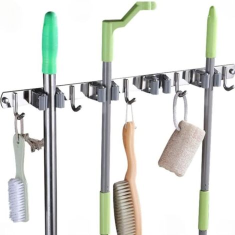 Porte Balai Mural Accroche Balai En Acier Inoxydable, Support Cintre De Rangement Pour Cuisine, Buanderie (4 Clips Et 5 Crochets)