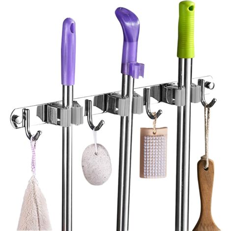 Porte Balai Mural - Accroche Balai en Acier inoxydable, Support Cintre de Rangement pour Cuisine, Buanderie, Garage (3 Emplacements et 4 Crochets,Gris )