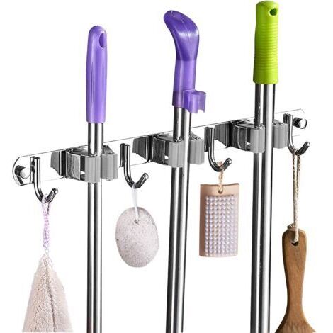 Porte Balai Mural - Accroche Balai en Acier inoxydable, Support Cintre de Rangement pour Cuisine, Buanderie, Garage (3 Emplacements et 4 Crochets,Gris )